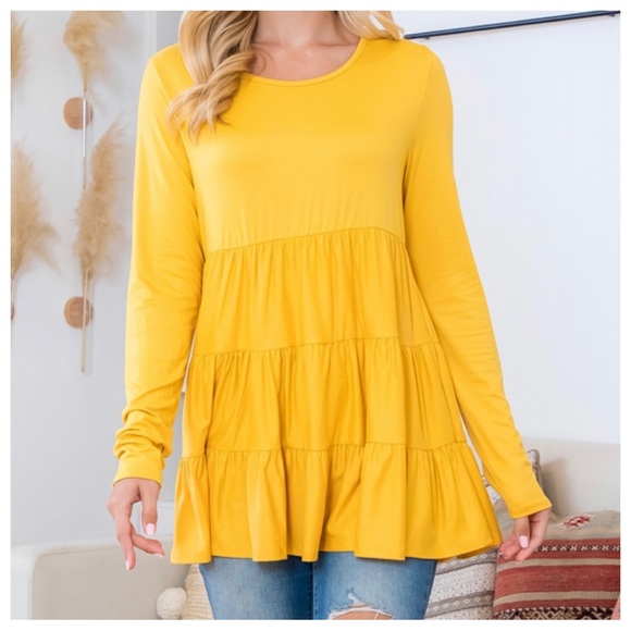 41 Boho Mustard Long Sleeve Ultra Soft Tiered Top - Picture 1 of 4